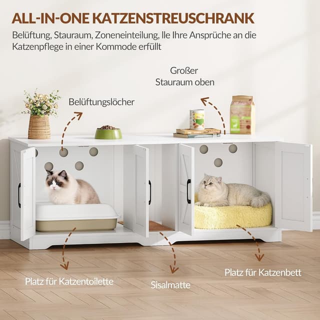 Thumbnail 6 de Fobyfurny Katzenklo Schrank für 2 Katzen (140 x 50 x 55 cm) mit Kratzmatte, weiß