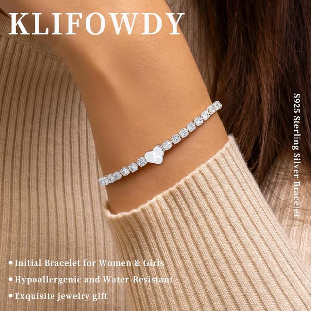 Detalle de KLIFOWDY 925 Initial Tennis Armband in Silber mit Herz & Buchstaben (A-Z) für Frauen