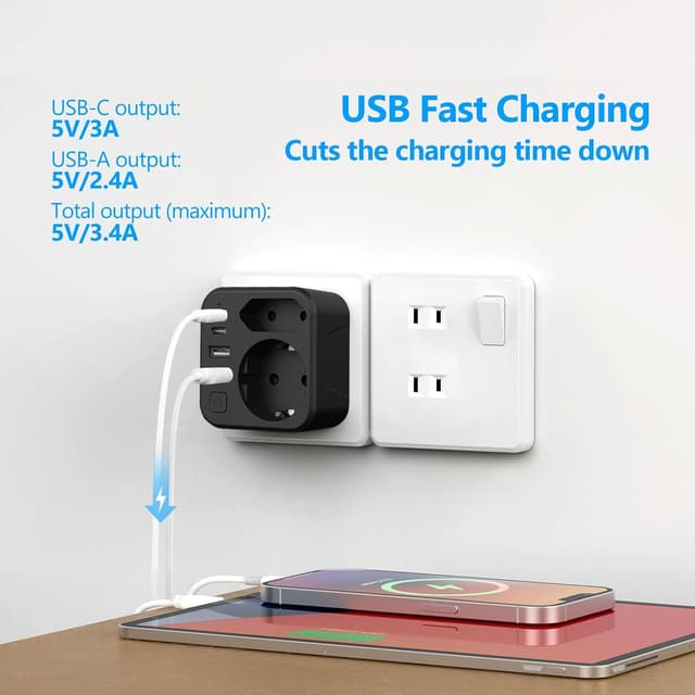 Detalle de JSVER adattatore di viaggio internazionale 6 in 1 nero con 2 USB‑C e 2 USB‑A (spina Tipo A)