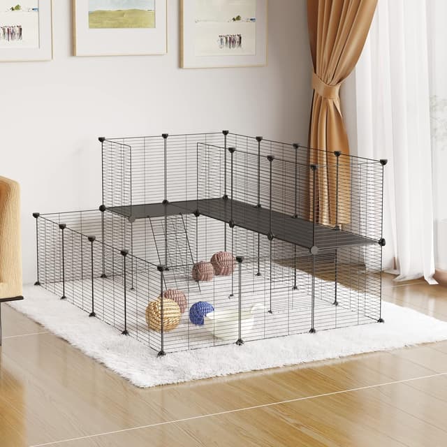 Detalle de EUGAD Freigehege für Kaninchen & Kleintiere mit Tür und Leiter (145x108x72 cm) – modulares Metallgitter-DIY-Gehege