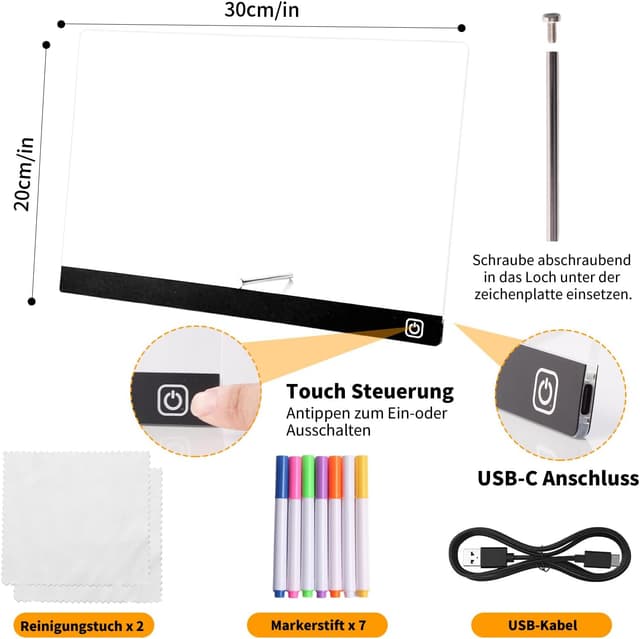 Detalle de LED Zeichenbrett 30x20 cm mit 7 Farben, Ein/Aus-Schalter & Ständer