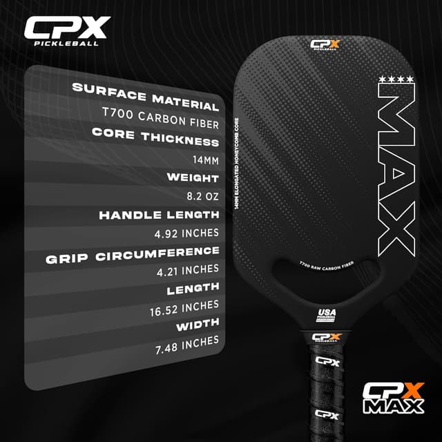 Detalle de CPX Pickleball CPX MAX Raw Carbon Fiber T700 Elongated Pickleball Paddle (Professional Grade)