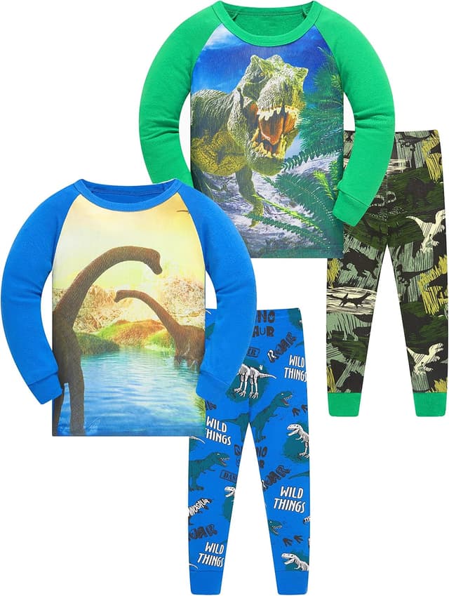 Detalle de SOIBEEN Jungen-Pyjama-Set mit Dinosauriern (4-teilig) aus Baumwolle, Langarm – für 1 bis 12 Jahre