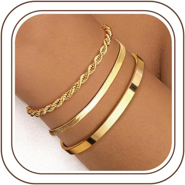 Detalle de Finrezio 3–5er Armband-Set Damen Gold – 14 Karat vergoldet, verstellbar, Figaro & Perlen