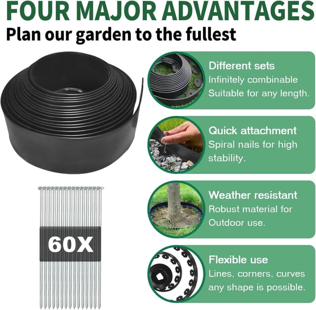 Detalle de Kit de bordure de jardin flexible YEEBECA (10 cm de hauteur, 20 m de longueur) avec 60 piquets