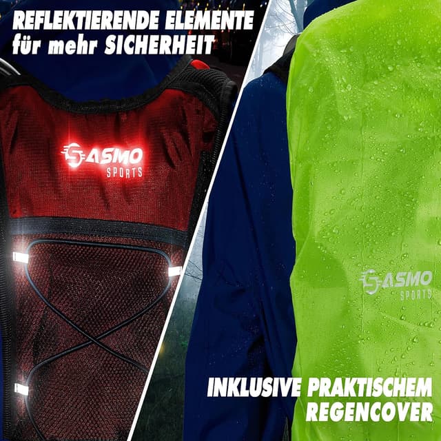Detalle de SASMO Sports Laufrucksack 6L (Rot) mit Thermofach – ultraleicht, mit Regenschutz und Reflektoren