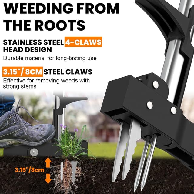 Detalle de Digtokore Weed Remover Tool with 99cm stand-up handle and 4-claw root puller