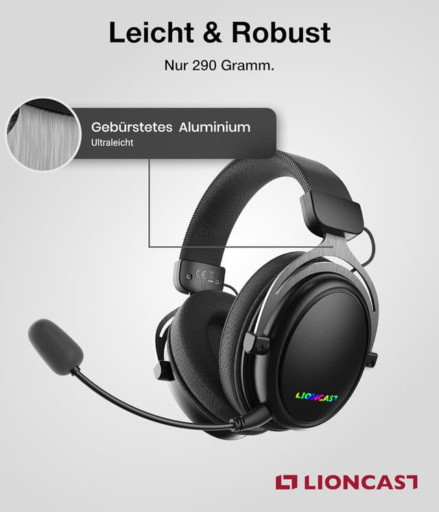 Detalle de Lioncast LX80 Wireless Gaming-Headset mit Mikrofon (40 Std. Akku) für PS5, Xbox & Switch