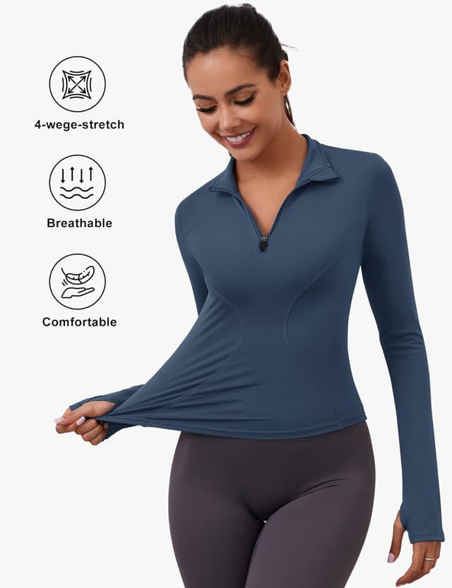 Detalle de Rapbin Women’s Long Sleeve Gym Tops 1/4 Zip with Thumb Holes (Quick Dry Slim Fit)