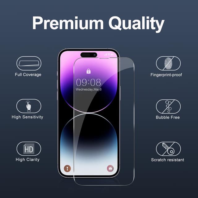 Detalle 2 de Tentoki Screen Protector for iPhone 14 Pro Max (6.7 Inch) — 3-Pack tempered glass, 9H scratch resistant