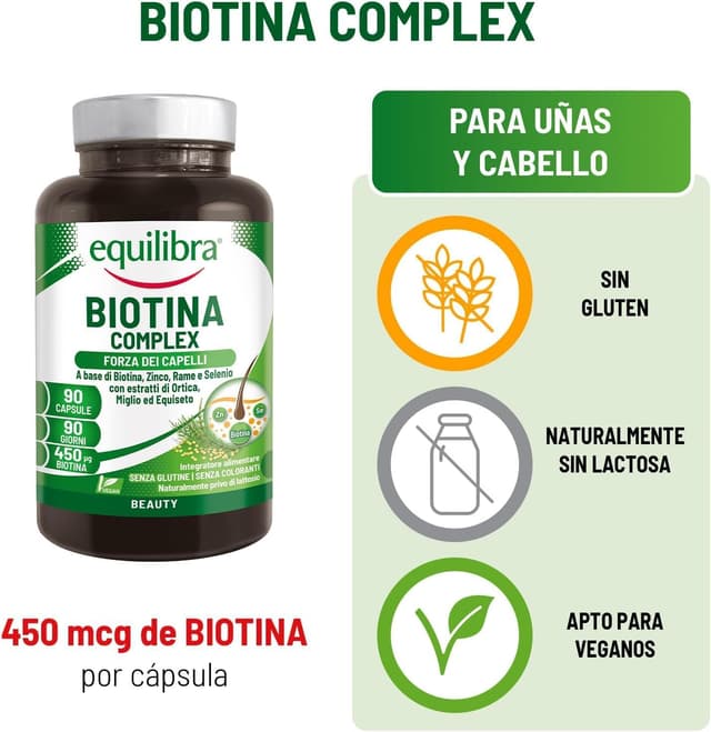 Detalle de Equilibra Biotina Complex 💊 para Cabello y Uñas, 90 Cápsulas
