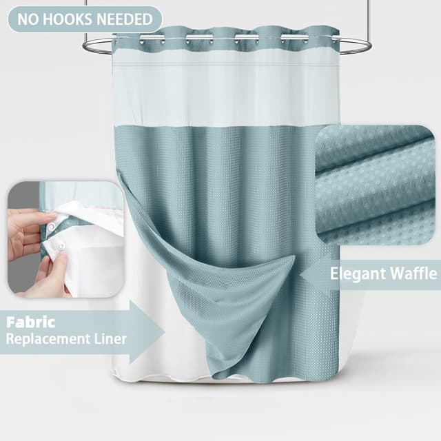 Detalle de XOGUIBO No Hook Shower Curtain and Liner Set (Cyan Waffle) with Removable Fabric Liner