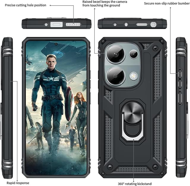 Detalle de LeYi Handyhülle für Xiaomi Redmi Note 13 Pro 4G mit Ringhalter, 2 Schutzgläsern & 2 Kamera-Folien (schwarz)