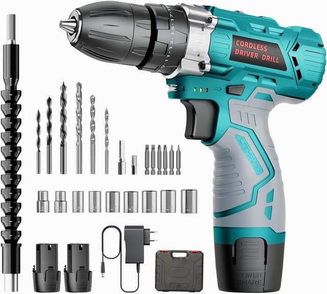 Detalle de PONOSEU Trapano Avvitatore 12V Compatto (kit completo) con 2 batterie da 2000 mAh, 25+3 regolazioni e set 24 pezzi