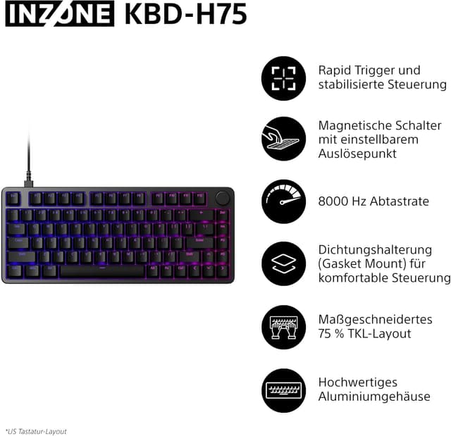 Detalle 2 de Sony INZONE KBD-H75 Gaming-Tastatur (75% TKL, Magnetschalter, Rapid Trigger, 8000 Hz) – US-Layout, Schwarz
