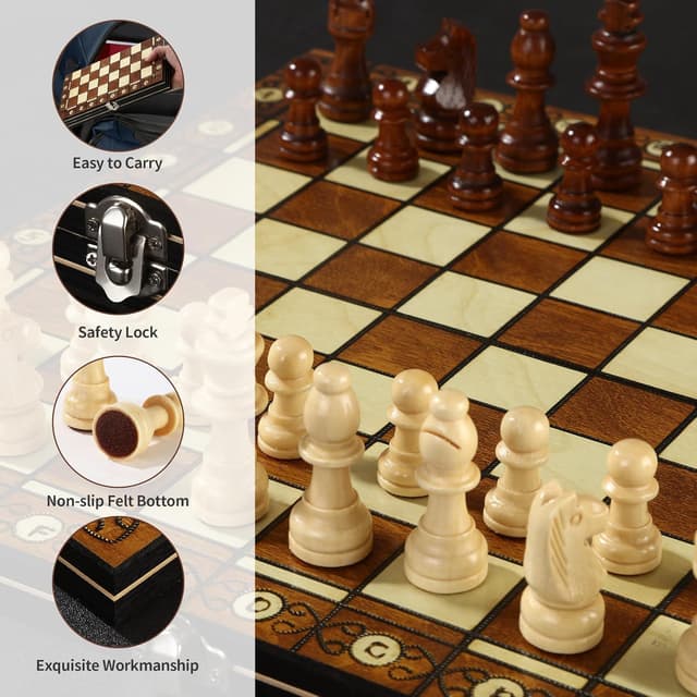Detalle de Jeu d’échecs 3 en 1 magnétique en bois pliable (29 x 29 cm) pour enfants, adultes et voyages