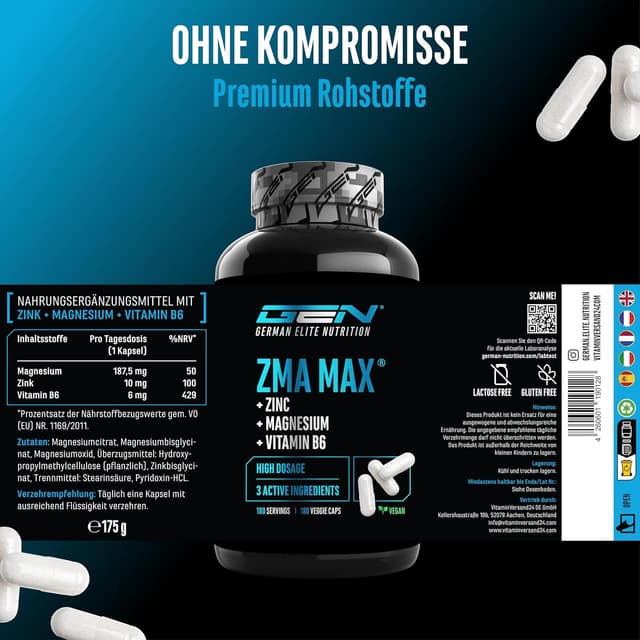 Detalle de GEN German Elite Nutrition ZMA MAX – 180 Kapseln mit Zink, Magnesium & Vitamin B6