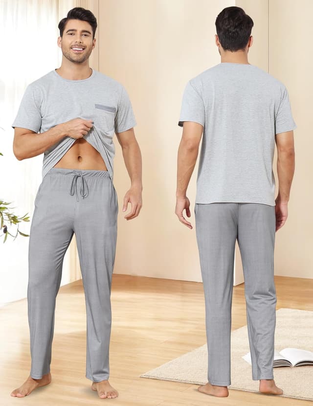 Detalle 2 de Reliwel Herren-Schlafanzug aus Baumwolle (zweiteilig) mit Raglan-Langarmshirt & Schlafhose mit Tasche