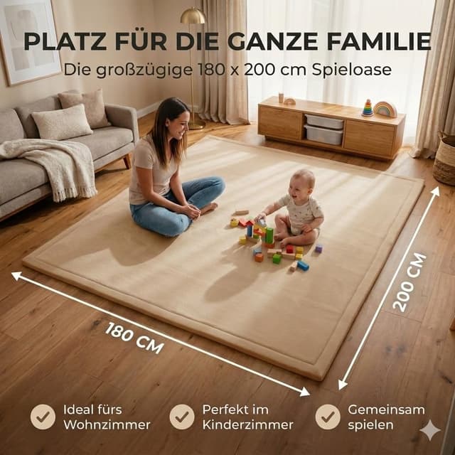 Detalle 2 de BabybeFun Krabbelmatte Baby – weiche 3 cm Spielmatte (180x200 cm) mit rutschfester Schaumstoff-Unterseite