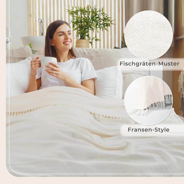 Detalle 2 de Gräfenstayn Premium Tagesdecke mit Fransen (100% Baumwolle) – Creme, XXL 220 x 240 cm