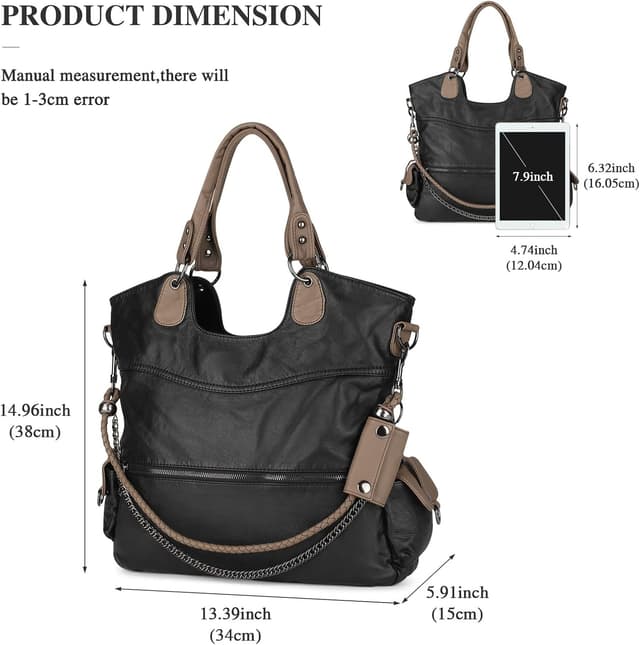 Detalle 2 de VINBAGGE washed vegan leather ladies bag in black – large capacity crossbody/tote with multiple pockets