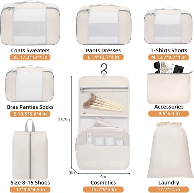 Detalle 2 de BAGAIL Packwürfel 8er-Set für Reisen, Beige
