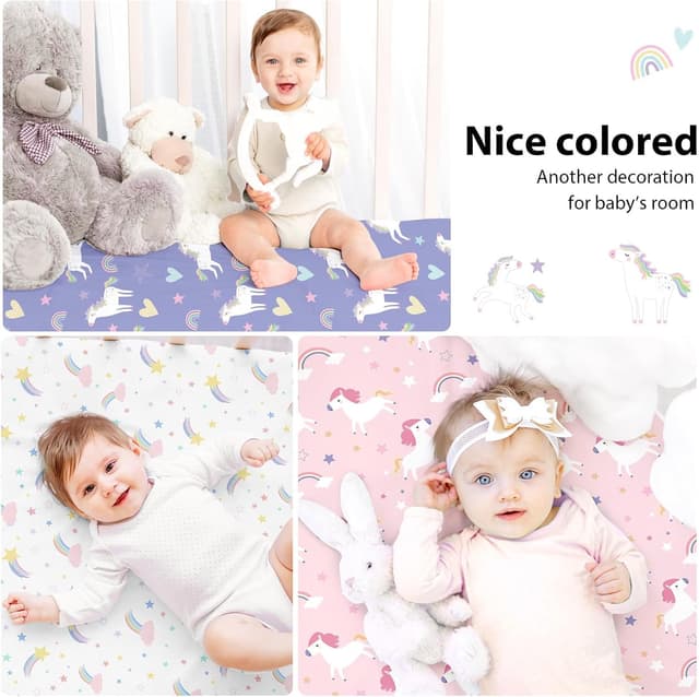 Detalle de FIEMOL Baby-Spannbettlaken 70x140 cm (3er-Set) Mikrofaser – lila Regenbogen