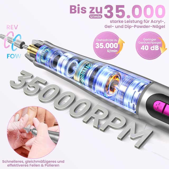 Detalle de Kabelloser Nagelfräser mit 35.000 U/min – elektrische Nagelfeile für Acryl- und Gelnägel, mit LCD-Display (Silber)