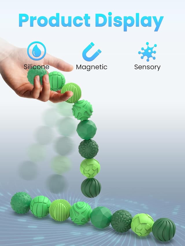 Detalle de Lot de 8 balles magnétiques UZAHSK en silicone anti-stress (géométrique, vert) pour apaiser le stress et aider à la concentration