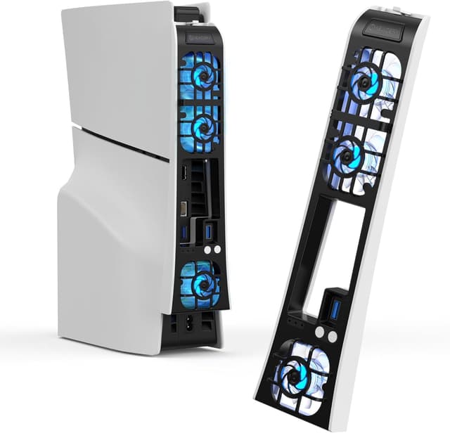 Detalle de NEWDERY Cooling Fan for PS5 Slim Console – quiet temperature-adjustable fan with USB 3.0 pass-through and dynamic RGB