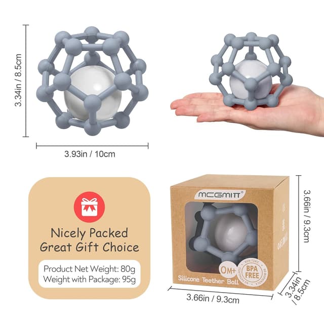 Detalle de MCGMITT Baby-Beißring mit Rassel-Ball aus Silikon (grau) für Babys 3–12 Monate