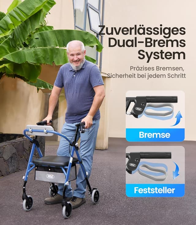 Detalle de VOCIC Z11 Rollator faltbar mit Sitz (max. 172 kg) – schmal für die Wohnung, höhenverstellbar