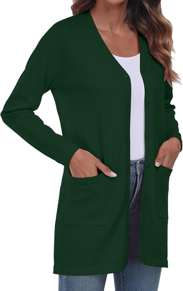 Detalle de YUNDAI women’s open-front lightweight knitted long cardigan with pockets