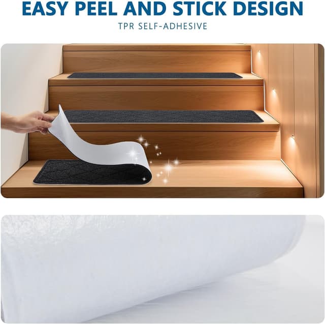 Detalle de KOOTETA Indoor Stair Treads (15-Pack) for Wooden Steps, 8" x 30" Non-Slip Carpet Rugs with Reusable Adhesive, Black