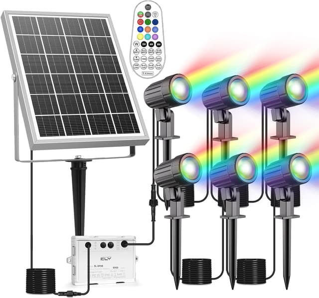 Detalle de CLV 6-in-1 Solar RGB Spotlights (IP66) for Garden, Remote Control Colour-Changing LED Spots