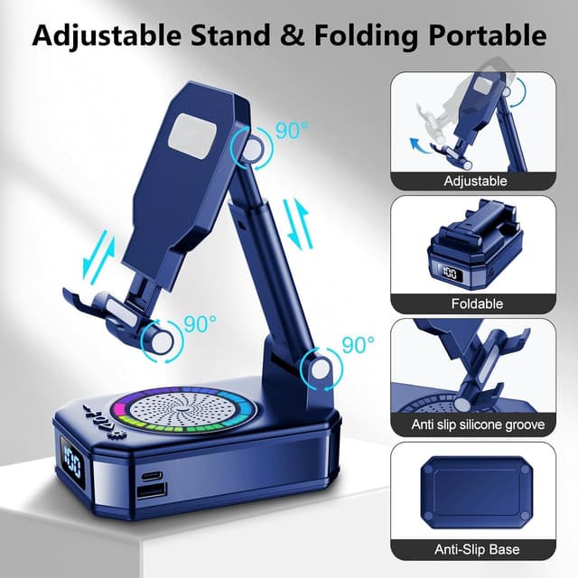Detalle de buwy Cell Phone Stand with Wireless Bluetooth Speaker, Rechargeable 3000mAh Battery & RGB LED Lights (Blue)