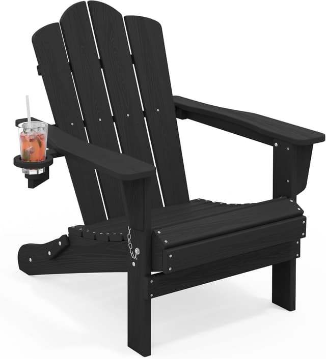 Detalle de KINGYES Folding Adirondack Chair (HDPE) with Hidden Cup Holder, Black