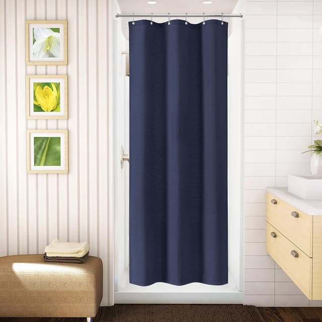 Detalle 2 de Rideau de douche VANZAVANZU motif gaufre bleu marine 92x182 cm avec anneaux métalliques