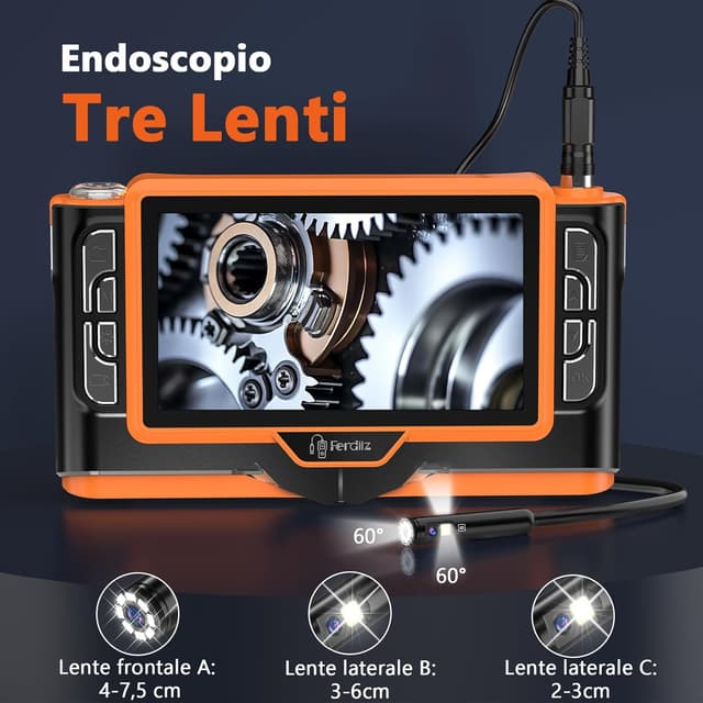 Thumbnail 4 de Ferdiiz Endoscopio Professionale 7" IPS 1920P HD 1920P con tripla lente e LED regolabili, sonda IP68 con cavo semi-rigido 5 m