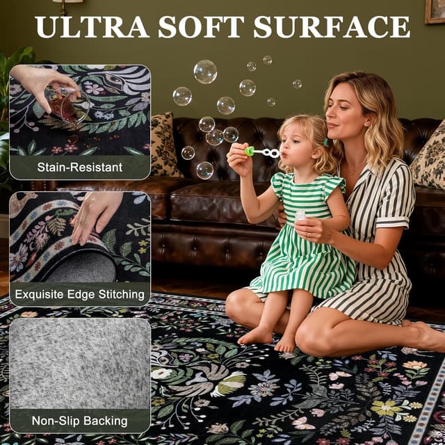 Detalle 2 de 9x12 Area Rugs Living Room Rug (Vintage Washable, Floral Animal Print) Non-Slip, Low Pile, Stain Resistant