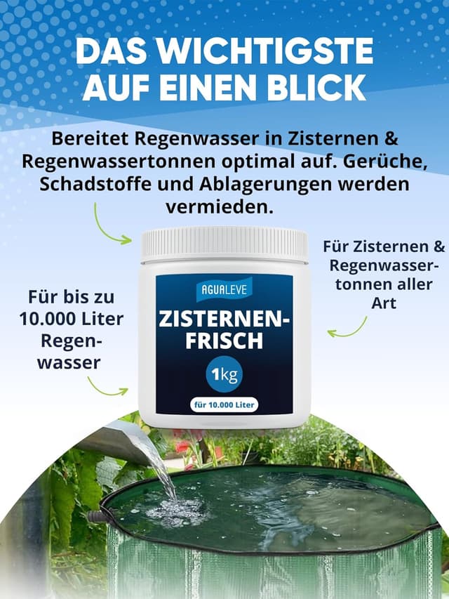 Detalle de AGUALEVE® Zisternenfrisch 1 kg – hält Regenwasser frisch & rein, für bis zu 10.000 Liter | Made in Germany