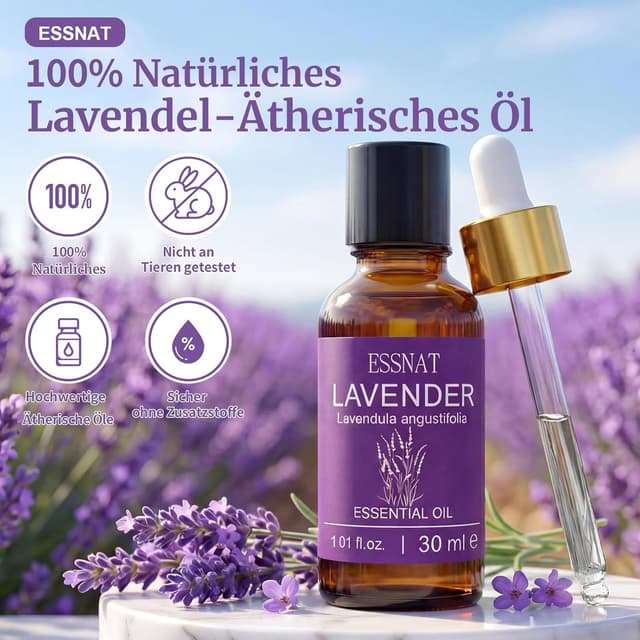 Detalle 2 de ESSNAT Olio Essenziale di Lavanda 30 ml, 100% naturale per aromaterapia, diffusore, massaggi e DIY