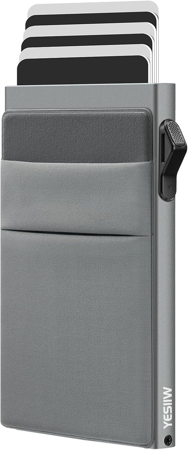 Detalle de YESIIW minimalistische RFID-Brieftasche mit Pop-up Kartenhalter und Münzfach – schlankes Kartenetui für Herren (Grau)