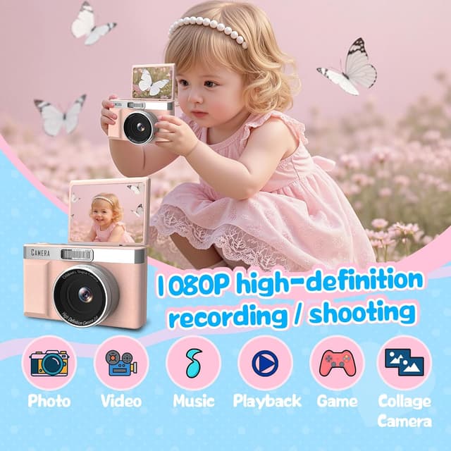 Detalle 2 de Appareil photo enfant rose avec écran inversable 180° et carte mémoire 32GB – enregistrement HD 1080P