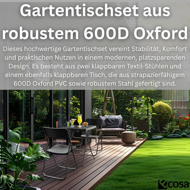 Detalle 2 de ecosa® Bistroset 3-teilig: klappbarer Balkontisch mit 2 Stühlen (600D Oxford PVC, wetterfest)