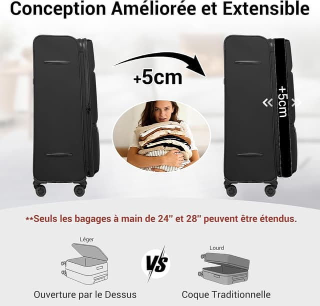 Detalle de Miss Lulu Valise grande taille 30 pouces 85 cm extensible (112 L) souple avec serrure TSA et roues 360°