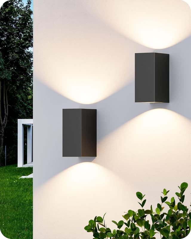 Detalle de EDISHINE Up and Down Outdoor Wall Lights (IP44) in Matte Black, Clear Tempered Glass – 2 Pack