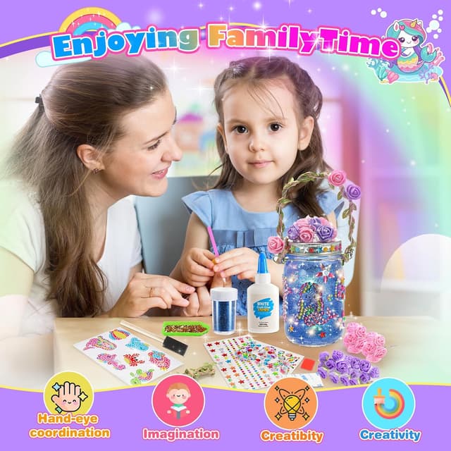 Detalle de Hapikids Mermaid Lantern Craft Kit for Girls (Age 4–12) – DIY Glitter Jar Night Light & Party Decoration