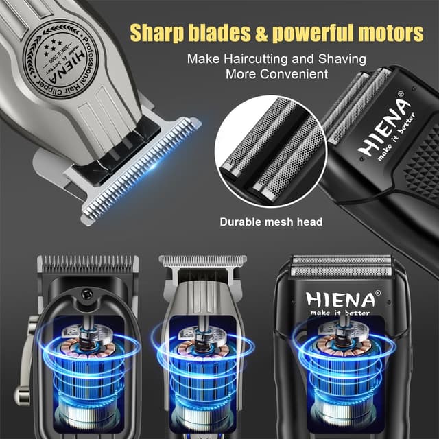 Detalle 2 de HIENA PRO Professional Cordless Hair Clippers & Beard Trimmer Set with Foil Shaver (Home Hair Cutting Kit)