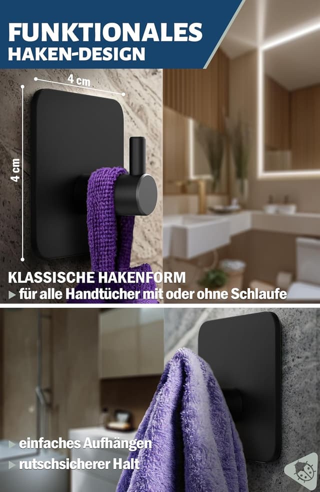 Thumbnail 2 de Menz portasciugamani nero senza foratura: set di 4 ganci adesivi in acciaio inox